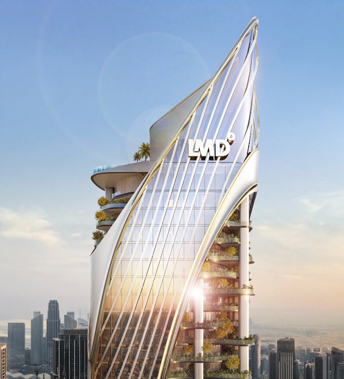 Crown of the tower with planted terraces and a rooftop pool edge